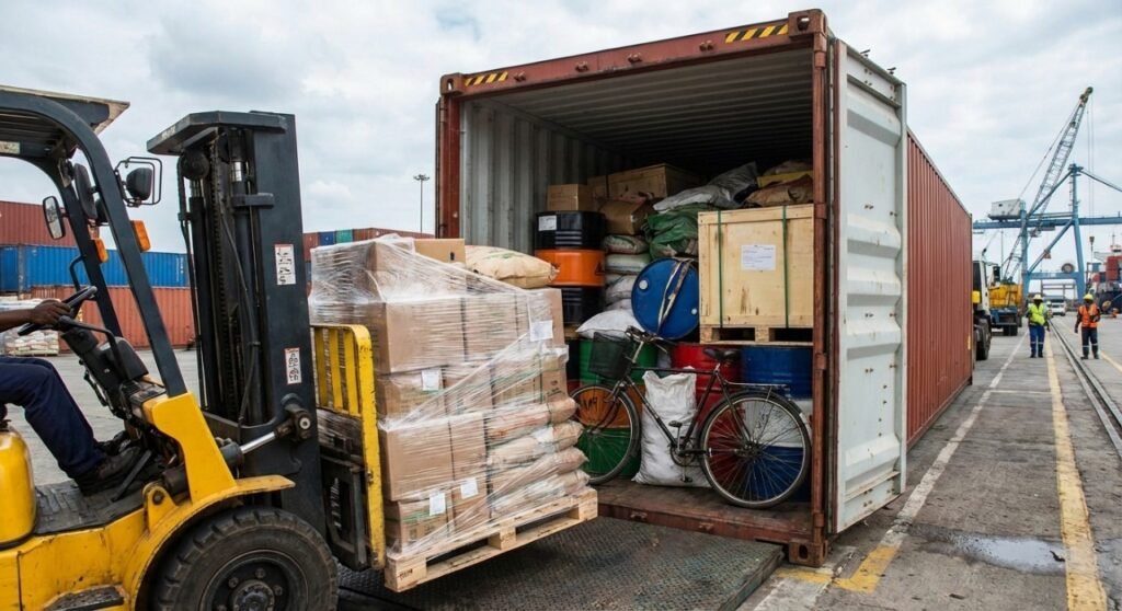 Forklift loading LCL cargo pallets into a shared shipping container