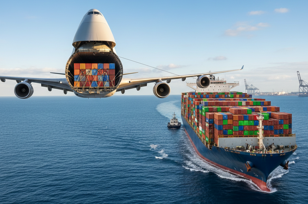 Comparison of air cargo plane and sea freight container ship transit times