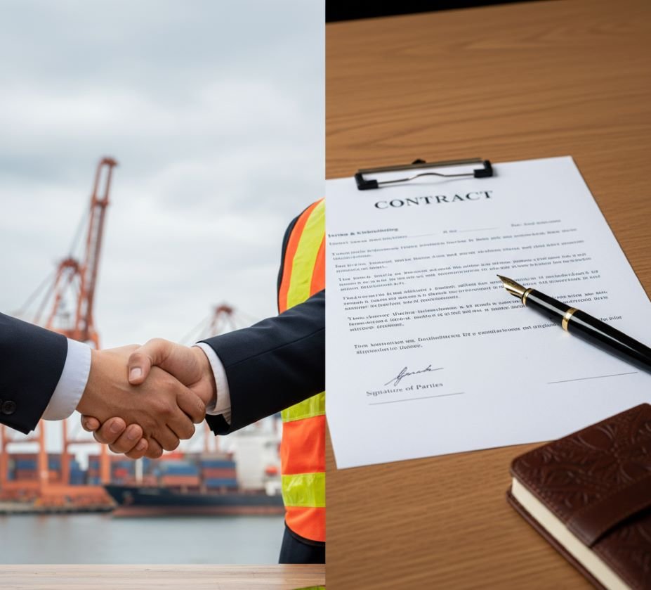 Signing international shipping contract showing EXW FOB and DDP incoterms
